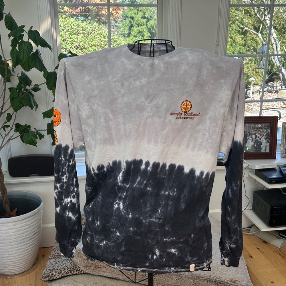 Simply Southern Halloween  Long Sleeve Shirt - Black and Gray Tie-Dye w/puppies